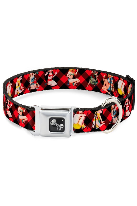 Pet Collar, Dog Collar Metal Seatbelt Buckle, Pin Up Girl Poses Buffalo Plaid Blocks Black Red, 11 to 16.5 Inches 1.0 Inch Wide