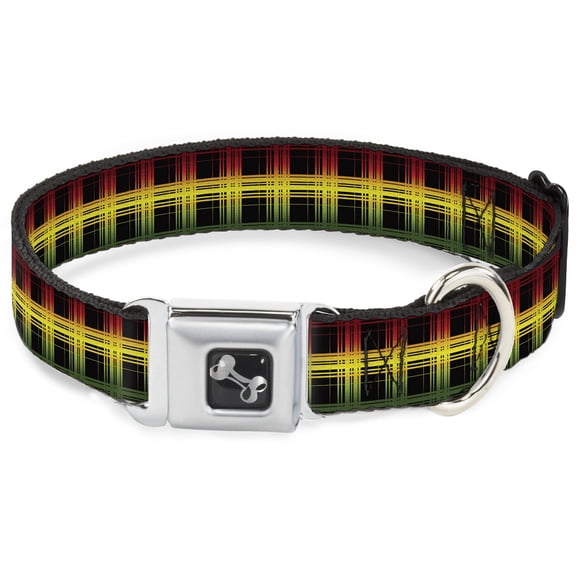 Buckle-Down Pet Collar, Dog Collar Metal Seatbelt Buckle, Plaid Black Rasta, 15 to 24 Inches 1.0 Inch Wide