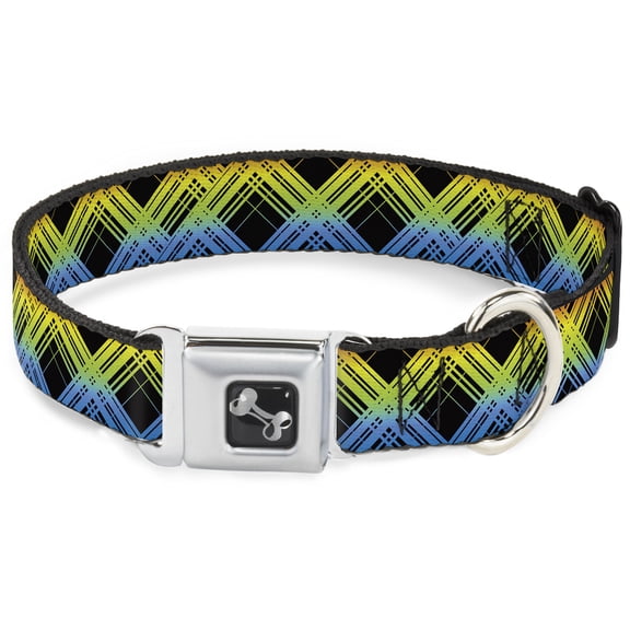 Buckle-Down Pet Collar, Dog Collar Metal Seatbelt Buckle, Plaid X Gradient Black Orange Green Blue, 11 to 16.5 Inches 1.0 Inch Wide
