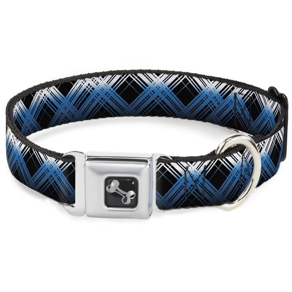 Buckle-Down Pet Collar, Dog Collar Metal Seatbelt Buckle, Plaid X Gradient Black White Blue, 15 to 24 Inches 1.0 Inch Wide