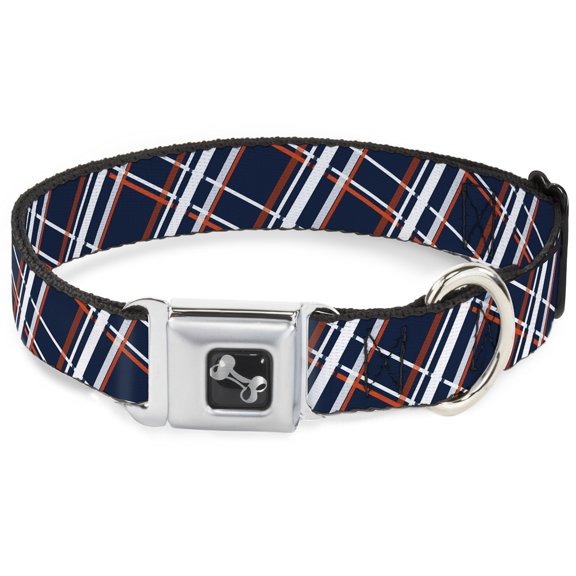 Buckle-Down Pet Collar, Dog Collar Metal Seatbelt Buckle, Plaid X Navy White Orange, 15 to 24 Inches 1.0 Inch Wide