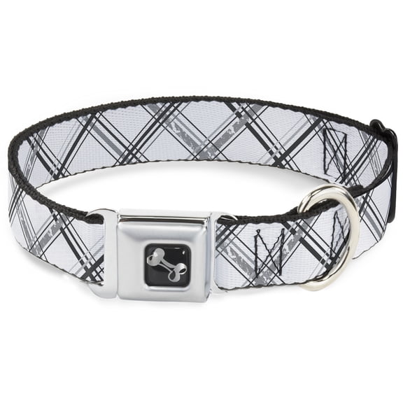 Buckle-Down Pet Collar, Dog Collar Metal Seatbelt Buckle, Plaid X Weathered White Gray, 15 to 24 Inches 1.0 Inch Wide