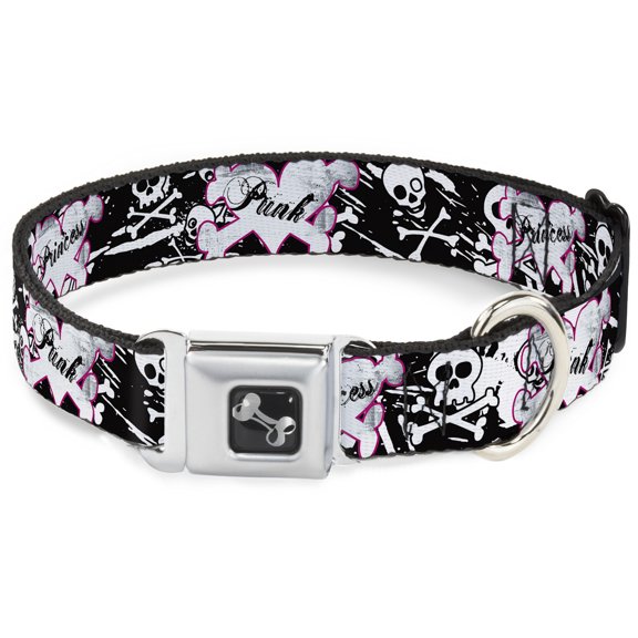 Buckle-Down Pet Collar, Dog Collar Metal Seatbelt Buckle, Punk Princess Heart Cross Bones Skulls Splatter Black White, 11 to 16.5 Inches 1.0 Inch Wide