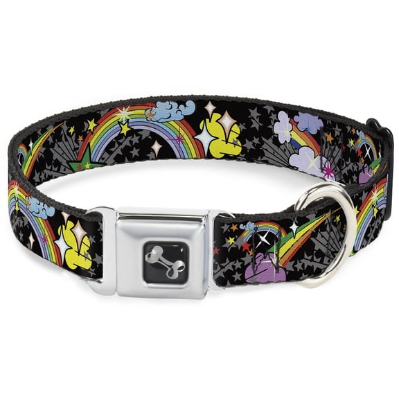 Buckle-Down Pet Collar, Dog Collar Metal Seatbelt Buckle, Rainbow Cloud Stars Black, 9.5 to 13 Inches 1.0 Inch Wide