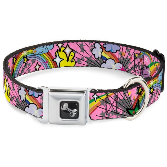 Buckle-Down Pet Collar, Dog Collar Metal Seatbelt Buckle, Rainbow Cloud Stars Pink, 11 to 16.5 Inches 1.0 Inch Wide