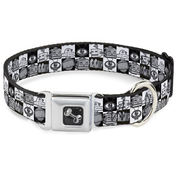 Buckle-Down Pet Collar, Dog Collar Metal Seatbelt Buckle, Robot Heads Checkers Black White, 16 to 23 Inches 1.5 Inch Wide