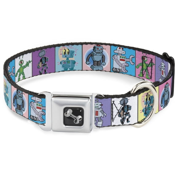 Buckle-Down Pet Collar, Dog Collar Metal Seatbelt Buckle, Robots Pastel Blocks, 15 to 24 Inches 1.0 Inch Wide