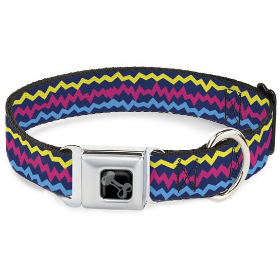 Buckle-Down Pet Collar, Dog Collar Metal Seatbelt Buckle, Scribble Zig Zag Stripe Navy Multi Color, 11 to 16.5 Inches 1.0 Inch Wide