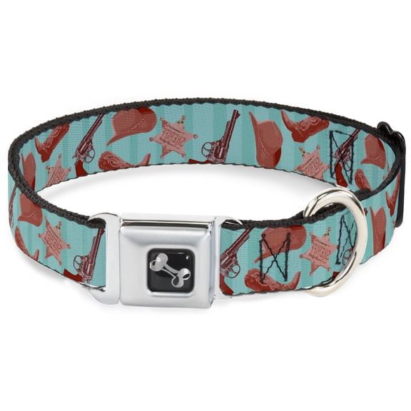 Buckle-Down Pet Collar, Dog Collar Metal Seatbelt Buckle, Sheriffs Gear Vertical Stripe Turquoise Browns, 9.5 to 13 Inches 1.0 Inch Wide