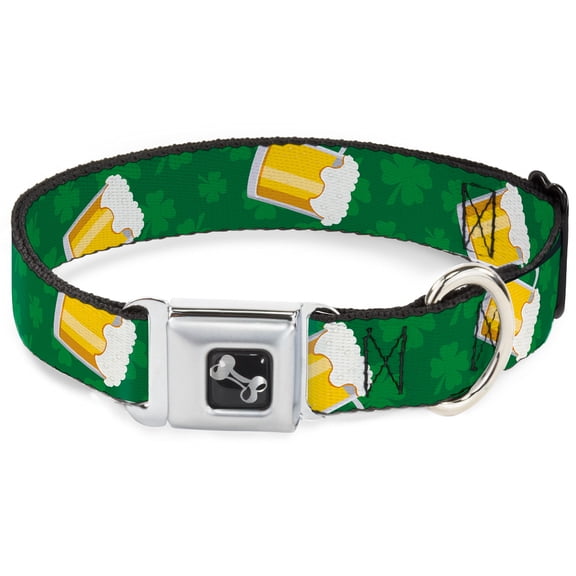 Buckle-Down Pet Collar, Dog Collar Metal Seatbelt Buckle, St Pats Clovers Beer Mugs Greens, 11 to 16.5 Inches 1.0 Inch Wide
