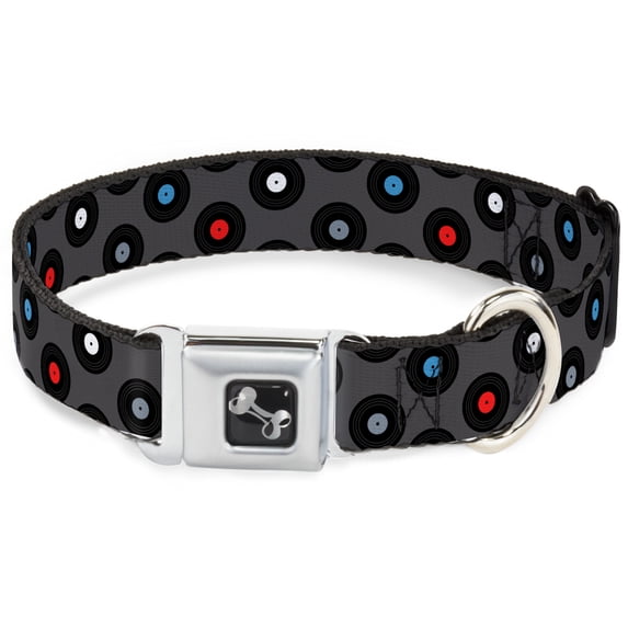 Buckle-Down Pet Collar, Dog Collar Metal Seatbelt Buckle, Vinyl Records Gray Black Red Blue White, 20 to 31 Inches 1.5 Inch Wide