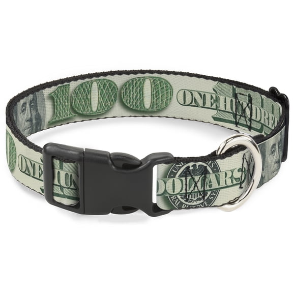 Buckle-Down Pet Collar, Dog Collar Plastic Buckle, 100 Dollar Bill Close Up Triple Benjamin, 8.5 to 12 Inches 0.5 Inch Wide