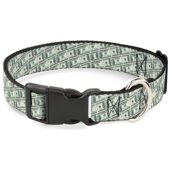Buckle-Down Pet Collar, Dog Collar Plastic Buckle, 100 Dollar Bill Old Series 2006 Repeat, 9.5 to 13 Inches 1.0 Inch Wide