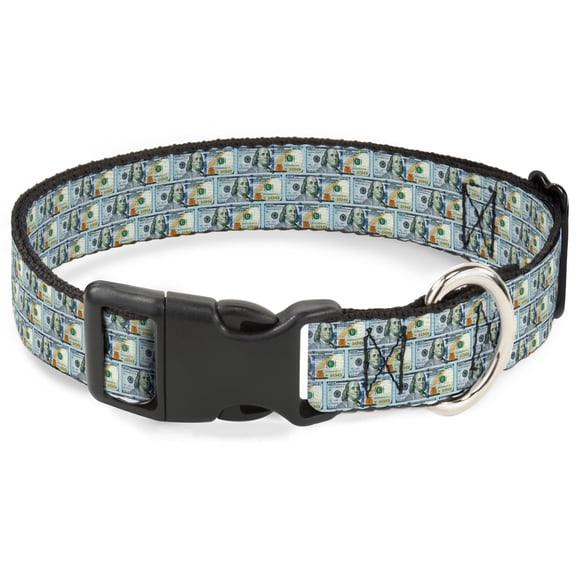 Buckle-Down Pet Collar, Dog Collar Plastic Buckle, 100 Dollar Bill Series 2009 Repeat, 15 to 24 Inches 1.0 Inch Wide