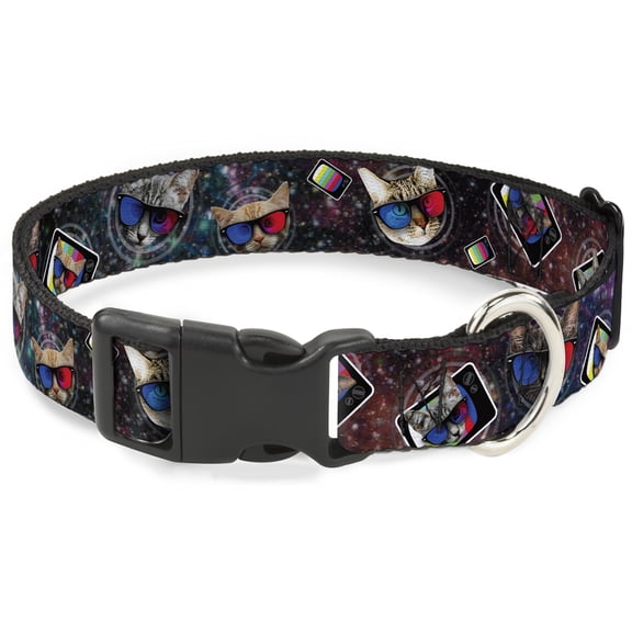 Buckle-Down Pet Collar, Dog Collar Plastic Buckle, 3D TV Cats In Space, 7 to 8.5 Inches 0.5 Inch Wide
