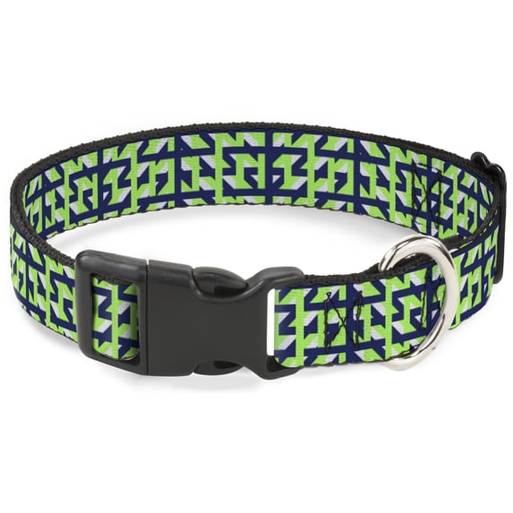 Buckle-Down Pet Collar, Dog Collar Plastic Buckle, Abstract Plaid White Navy Neon Green, 7 to 8.5 Inches 0.5 Inch Wide