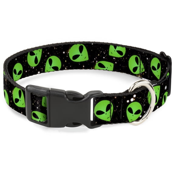 Buckle-Down Pet Collar, Dog Collar Plastic Buckle, Aliens Head Scattered Galaxy Green Black, 7 to 8.5 Inches 0.5 Inch Wide