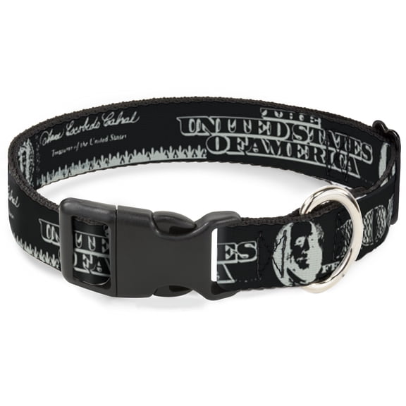 Buckle-Down Pet Collar, Dog Collar Plastic Buckle, Americana One Hundred Dollar Bill Elements Black Gray, 9.5 to 14.5 Inches 0.5 Inch Wide