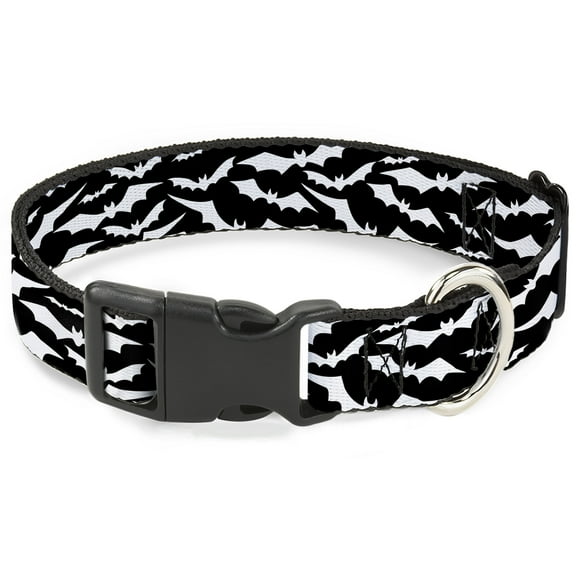 Buckle-Down Pet Collar, Dog Collar Plastic Buckle, Bats Flying Scattered Black White, 7 to 8.5 Inches 0.5 Inch Wide