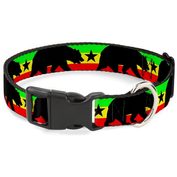Buckle-Down Pet Collar, Dog Collar Plastic Buckle, Cali Bear Star Silhouette Rasta Black, 15 to 24 Inches 1.0 Inch Wide