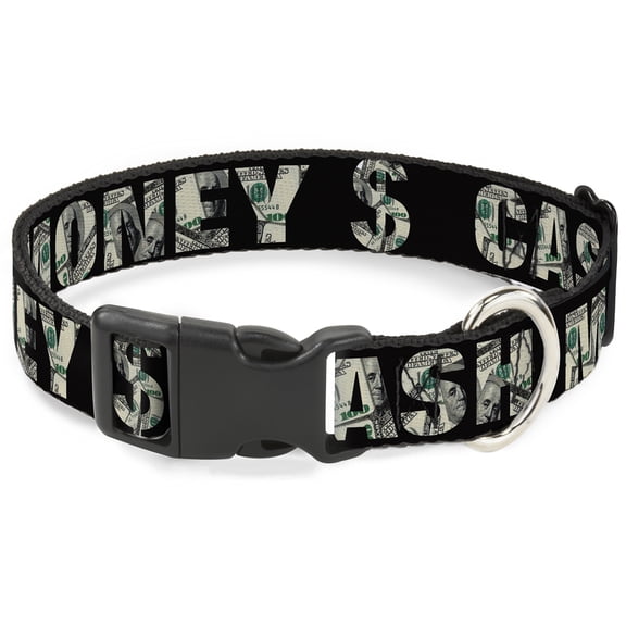 Buckle-Down Pet Collar, Dog Collar Plastic Buckle, Cash Money Black Dollar Bills Fill, 8.5 to 12 Inches 0.5 Inch Wide
