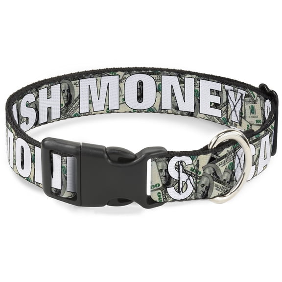 Buckle-Down Pet Collar, Dog Collar Plastic Buckle, Cash Money Dollar Bills White Fill, 11 to 16.5 Inches 1.0 Inch Wide