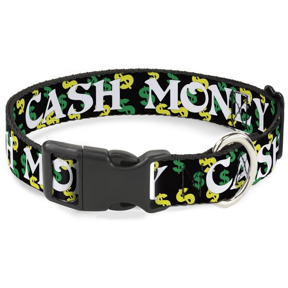 Buckle-Down Pet Collar, Dog Collar Plastic Buckle, Cash Money Dollar Black White Yellow Green, 15 to 24 Inches 1.0 Inch Wide