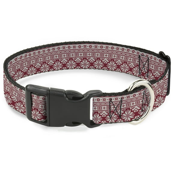 Buckle-Down Pet Collar, Dog Collar Plastic Buckle, Christmas Holiday Fair Isle Stitch Pattern White Red, 7 to 8.5 Inches 0.5 Inch Wide