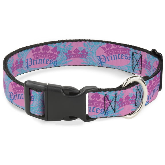 Buckle-Down Pet Collar, Dog Collar Plastic Buckle, Crown Princess Oval Pink Turquoise, 11 to 16.5 Inches 1.0 Inch Wide