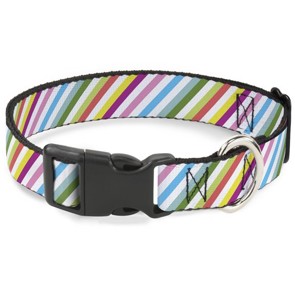 Buckle-Down Pet Collar, Dog Collar Plastic Buckle, Diagonal Stripes White Multi Color, 15 to 24 Inches 1.0 Inch Wide