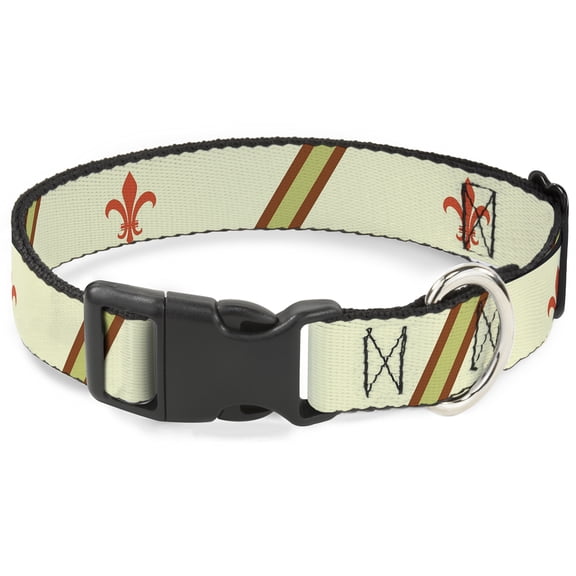 Buckle-Down Pet Collar, Dog Collar Plastic Buckle, Fleur De Lis Stripes Tan Orange Brown Green, 9.5 to 13 Inches 1.0 Inch Wide