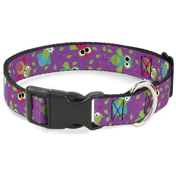 Buckle-Down Pet Collar, Dog Collar Plastic Buckle, Flying Owls Leaves Purple Multi Color, 9.5 to 14.5 Inches 0.5 Inch Wide