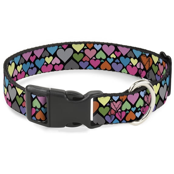 Buckle-Down Pet Collar, Dog Collar Plastic Buckle, Hearts Black Multi Color, 9.5 to 14.5 Inches 0.5 Inch Wide