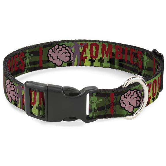 Buckle-Down Pet Collar, Dog Collar Plastic Buckle, I Brain Zombies Black Green Red, 15 to 24 Inches 1.0 Inch Wide