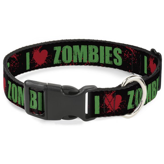 Buckle-Down Pet Collar, Dog Collar Plastic Buckle, I Heart Zombies Bold Splatter Black Green Red, 15 to 24 Inches 1.0 Inch Wide