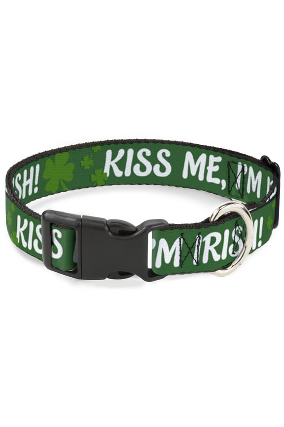 Pet Collar, Dog Collar Plastic Buckle, Kiss Me Im Irish Clovers Green White, 9.5 to 14.5 Inches 0.5 Inch Wide