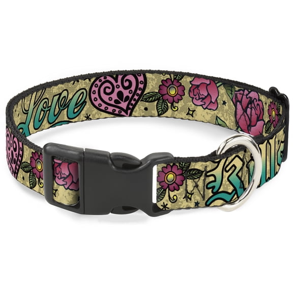 Buckle-Down Pet Collar, Dog Collar Plastic Buckle, Love Kills Tan, 15 to 24 Inches 1.0 Inch Wide