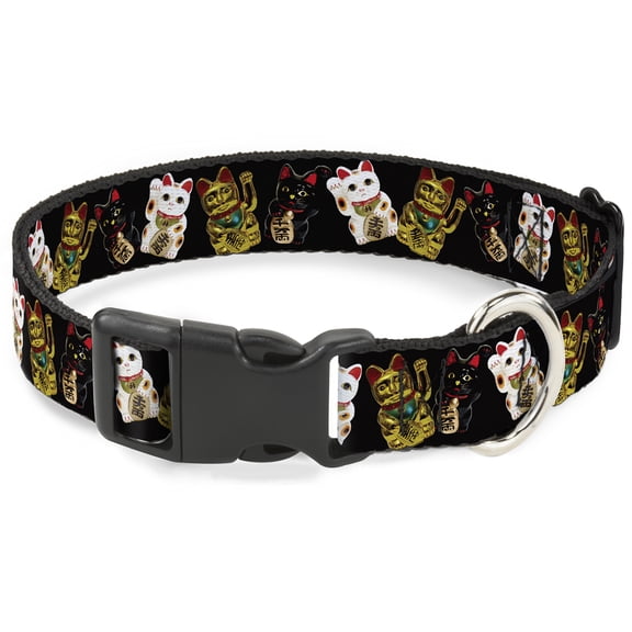 Buckle-Down Pet Collar, Dog Collar Plastic Buckle, Maneki Neko Lucky Cats Gold Black White, 7 to 8.5 Inches 0.5 Inch Wide