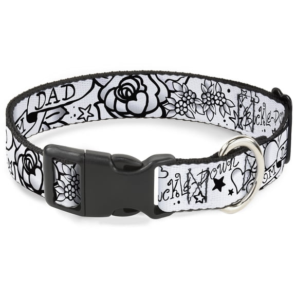 Buckle-Down Pet Collar, Dog Collar Plastic Buckle, Mom Dad Black White, 7 to 8.5 Inches 0.5 Inch Wide