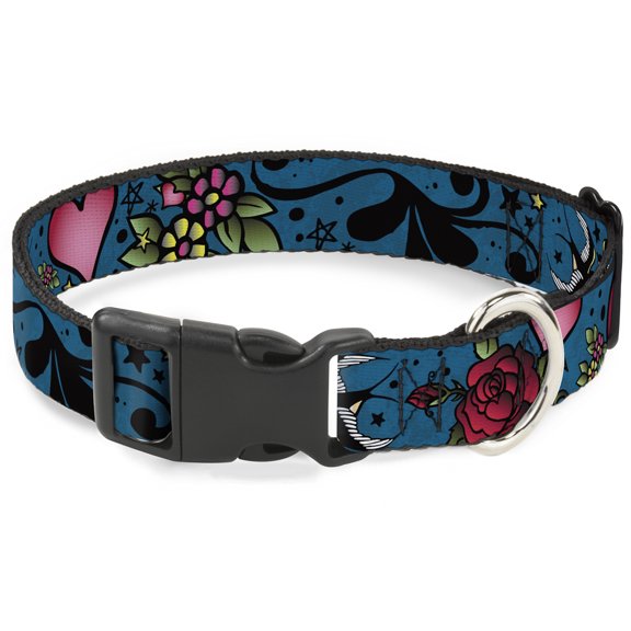 Buckle-Down Pet Collar, Dog Collar Plastic Buckle, Mom Dad Close Up Blue Sparrows, 15 to 24 Inches 1.0 Inch Wide