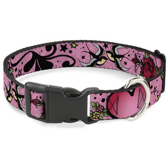 Buckle-Down Pet Collar, Dog Collar Plastic Buckle, Mom Dad Close Up Pink Sparrows, 15 to 24 Inches 1.0 Inch Wide