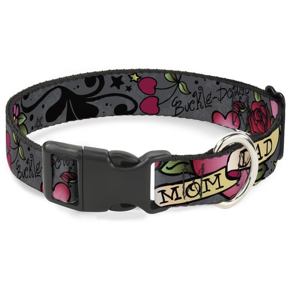 Buckle-Down Pet Collar, Dog Collar Plastic Buckle, Mom Dad Gray, 13 to 17 Inches 1.5 Inch Wide