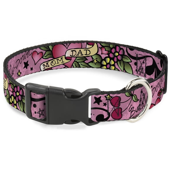 Buckle-Down Pet Collar, Dog Collar Plastic Buckle, Mom Dad Pink, 15 to 24 Inches 1.0 Inch Wide