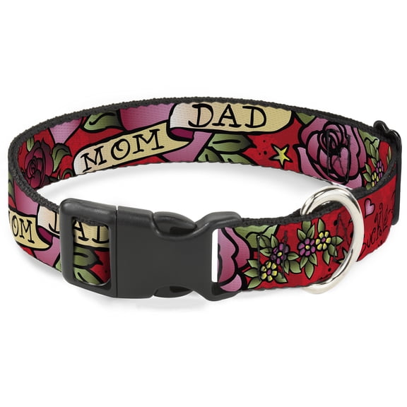 Buckle-Down Pet Collar, Dog Collar Plastic Buckle, Mom Dad Red, 15 to 24 Inches 1.0 Inch Wide