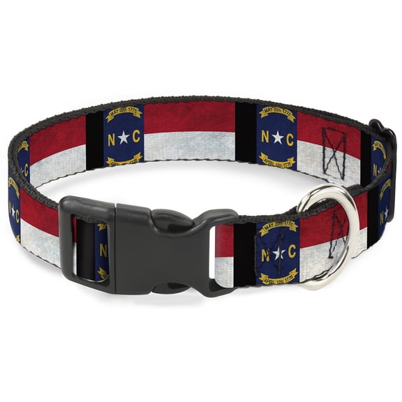 Buckle-Down Pet Collar, Dog Collar Plastic Buckle, North Carolina Flag Distressed Black, 7 to 8.5 Inches 0.5 Inch Wide