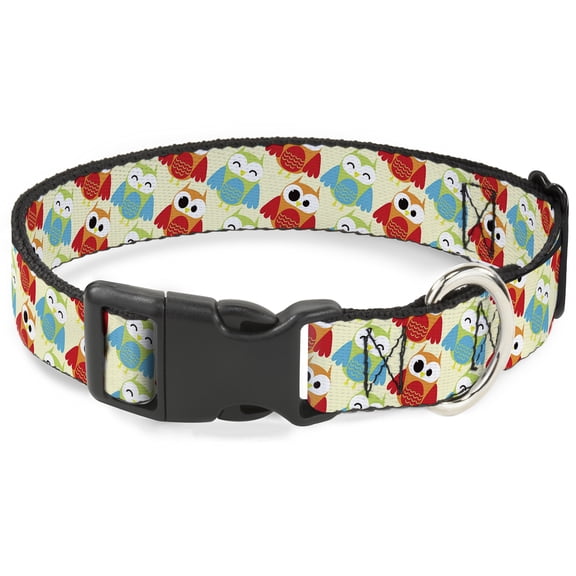 Buckle-Down Pet Collar, Dog Collar Plastic Buckle, Owl Eyes Yellow Reds Blues, 9.5 to 13 Inches 1.0 Inch Wide