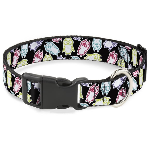 Buckle-Down Pet Collar, Dog Collar Plastic Buckle, Owl Sketch Black White Multi Color, 9.5 to 14.5 Inches 0.5 Inch Wide