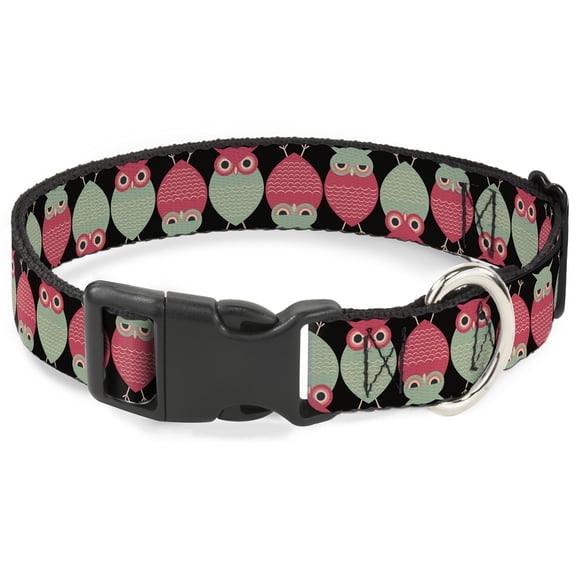 Buckle-Down Pet Collar, Dog Collar Plastic Buckle, Owls Flip Black Mauve Sage, 7 to 8.5 Inches 0.5 Inch Wide