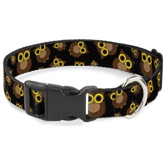 Buckle-Down Pet Collar, Dog Collar Plastic Buckle, Owls Scattered Black Brown Yellow, 15 to 24 Inches 1.0 Inch Wide