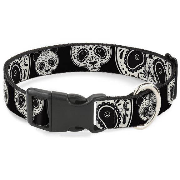 Buckle-Down Pet Collar, Dog Collar Plastic Buckle, Panda Bear Sugar Skull Close Up Scattered Black Cream, 15 to 24 Inches 1.0 Inch Wide